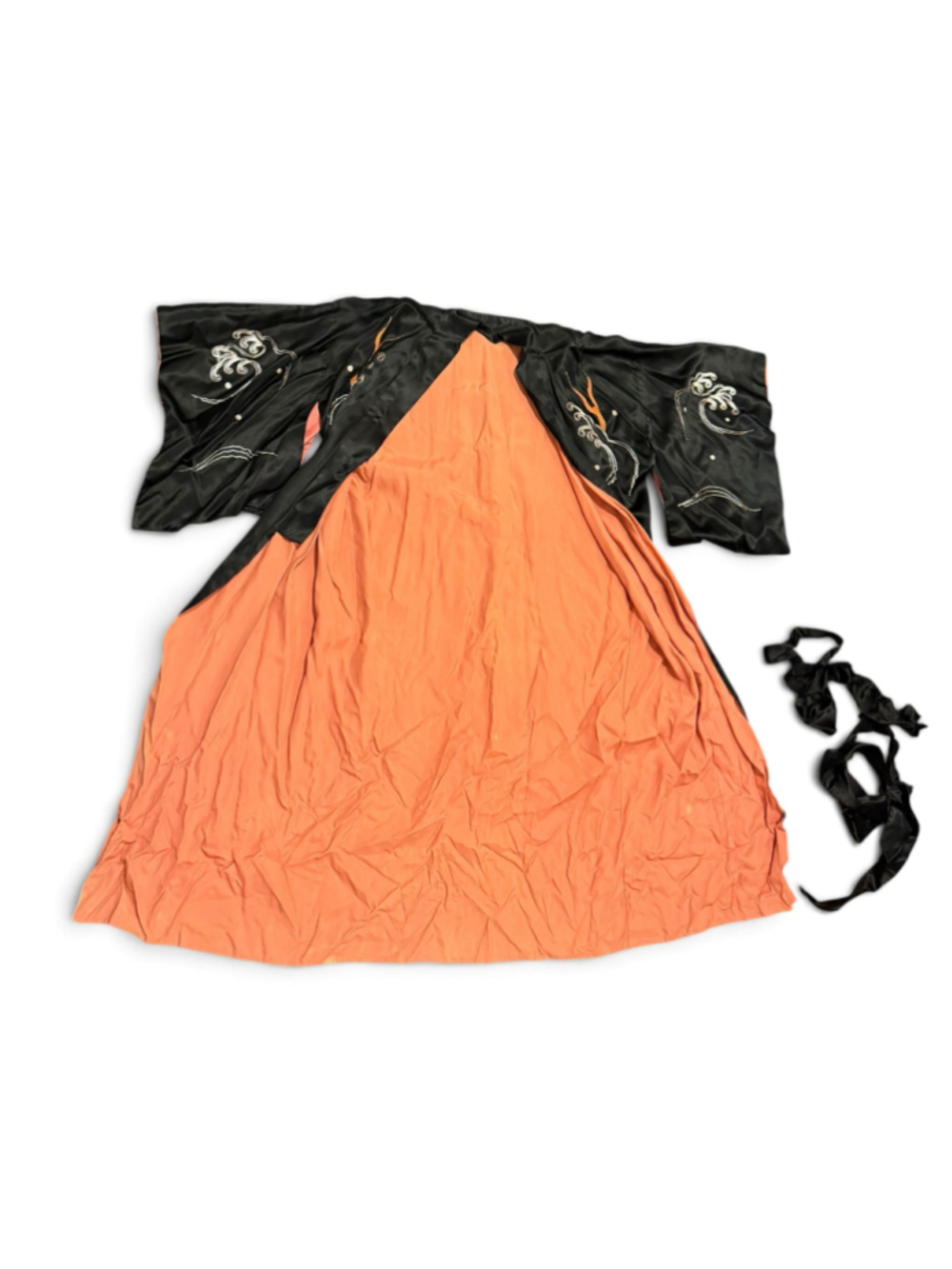 Vintage Japanese Souvenir Kimono Robe Double Dragon Embroidered Satin Black 41” - Picture 5 of 11